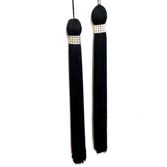 Halloween Curtain Tie Backs Black Fringe Tassels With Rhinestones Set of Two - Picture 1 of 6